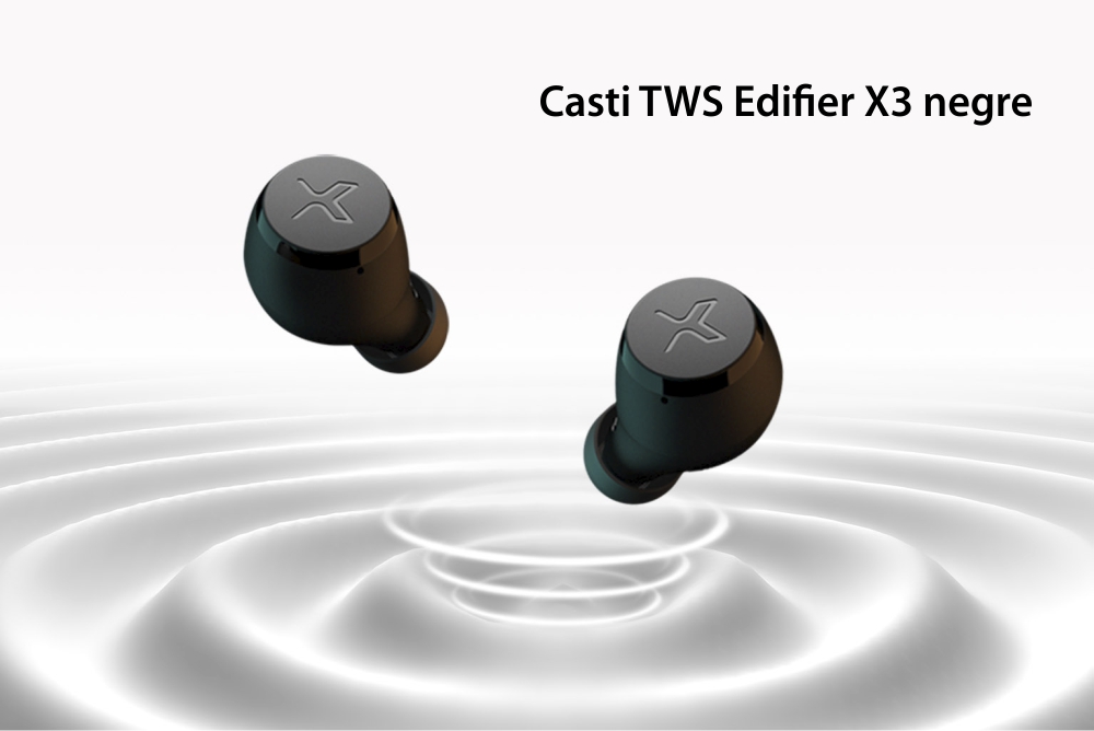 Casti in-Ear TWS Edifier X3, Negru, Sensibilitate 95 dB, Bluetooth 5.0, Charging box 400 mAh, Incarcare microUSB