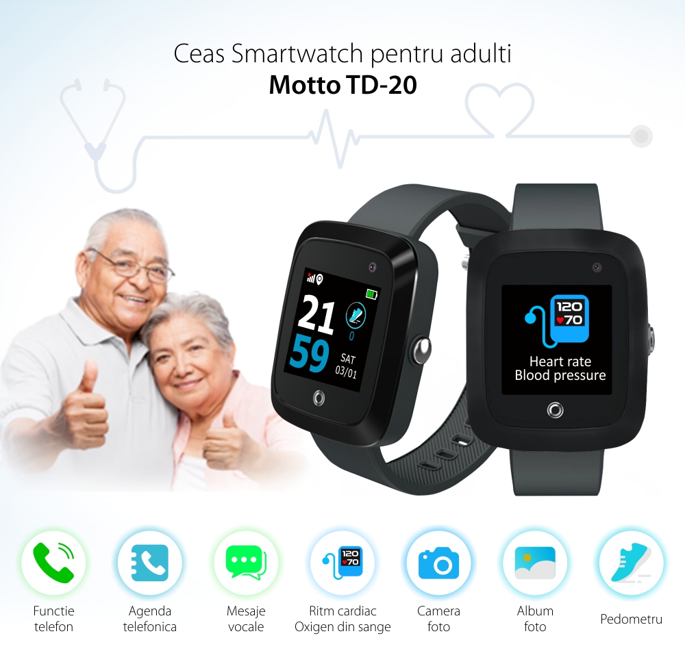 Ceas SmartWatch Motto TD-20, Negru, Functie telefon, Agenda, Mesaje vocale, Monitorizare ritm cardiac & oxigen din sange, Pedometru, Camera