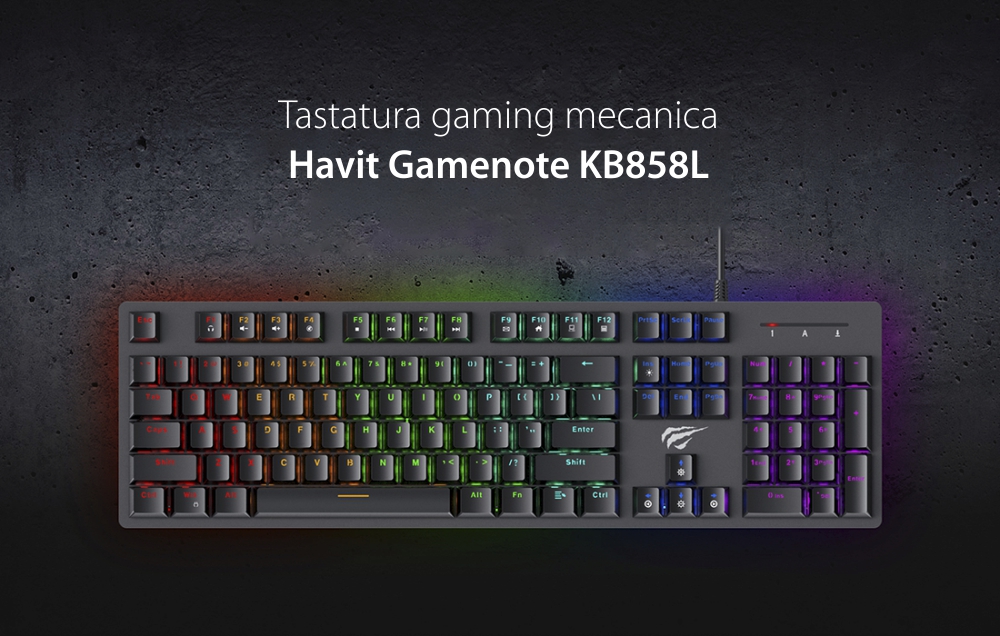 Tastatura Gaming Havit Gamenote KB858L, Iluminare RGB, Conexiune USB, Lungime cablu 1.65 m