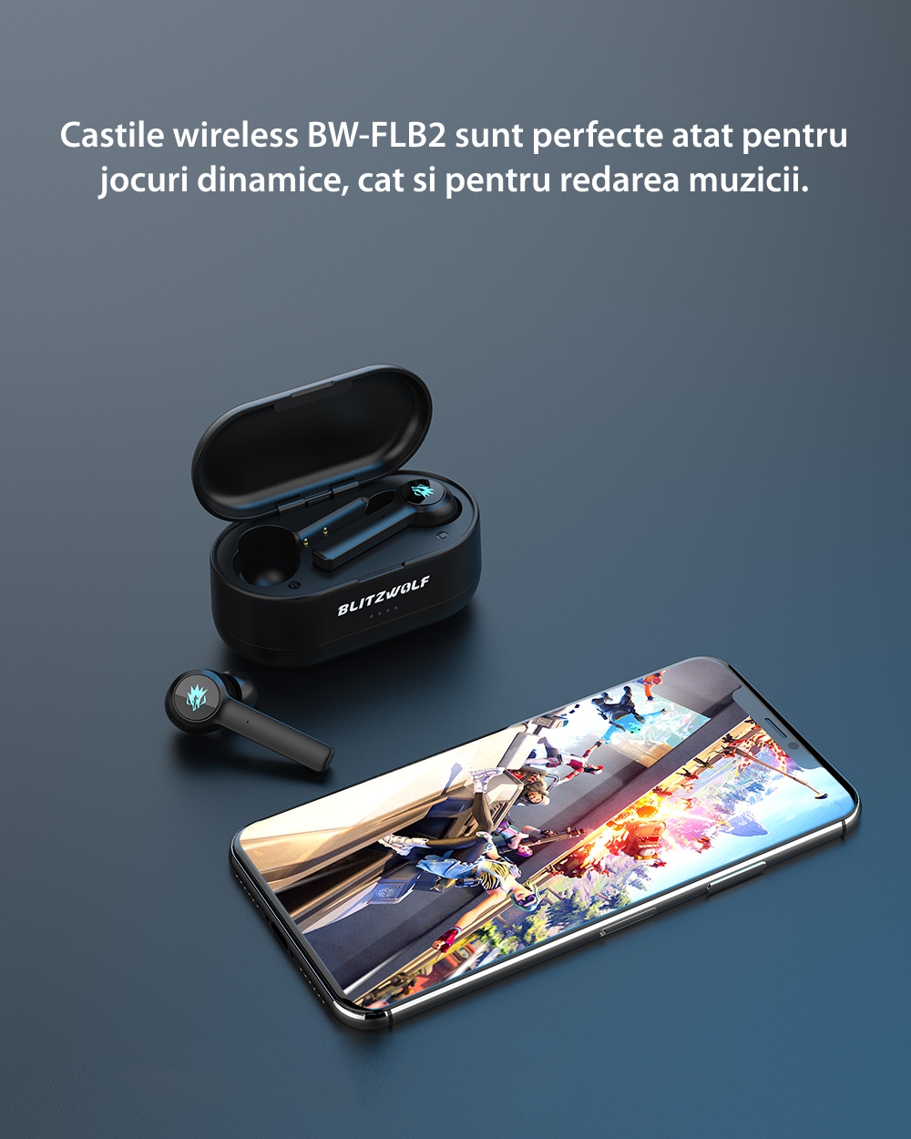 Casti in-Ear Blitzwolf BW-FLB2, Negru, Sonorizare 7.1, Charging box 100 mAh, Conexiune Bluetooth 5.0