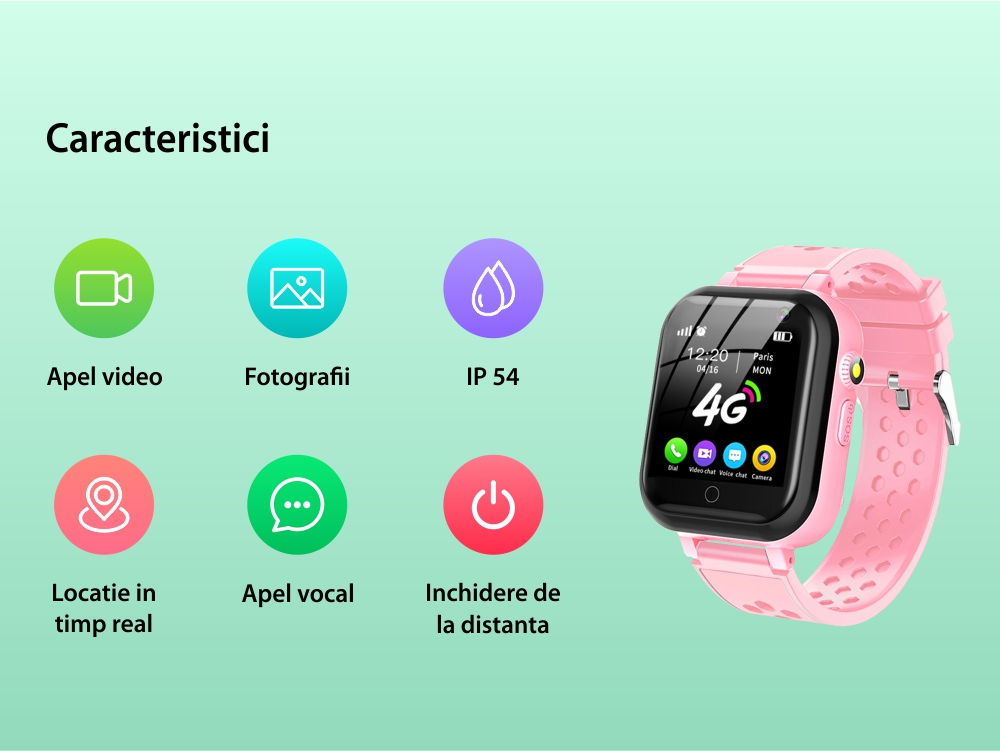 Ceas Smartwatch Pentru Copii YQT-T16, Cartela SIM, Roz cu Functii de monitorizare, Camera, Apelare video, SOS, Perimetru siguranta, Comunicare bidirectionala, Contacte, Lanterna
