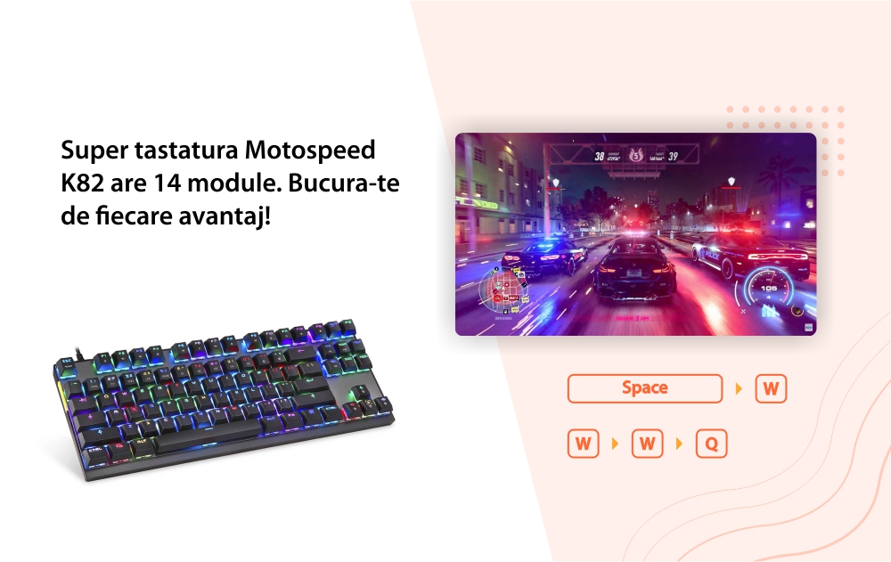 Tastatura Gaming Motospeed K82, Switch Blue, Conexiune USB, Iluminare RGB, Timp de raspuns 0.1 ms