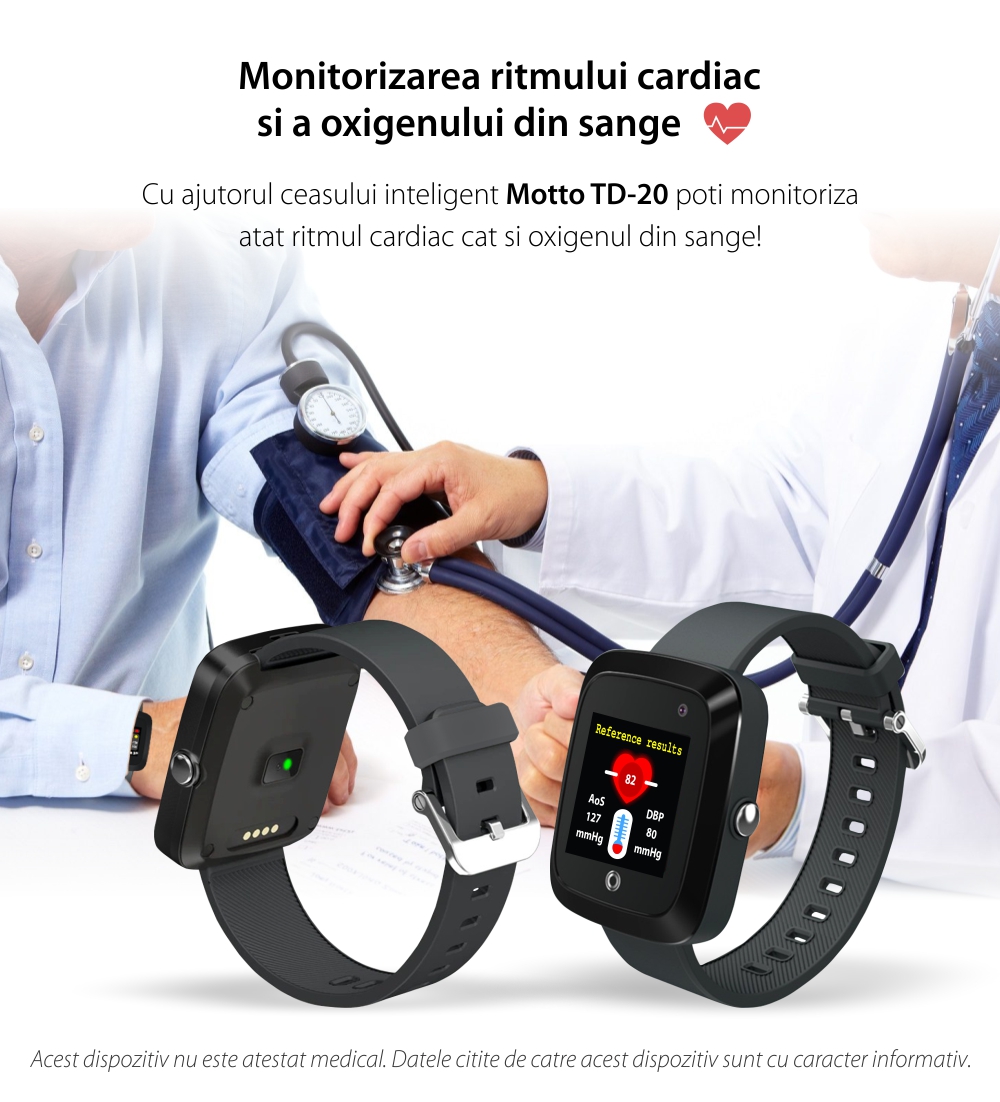 Ceas SmartWatch Motto TD-20, Negru, Functie telefon, Agenda, Mesaje vocale, Monitorizare ritm cardiac & oxigen din sange, Pedometru, Camera