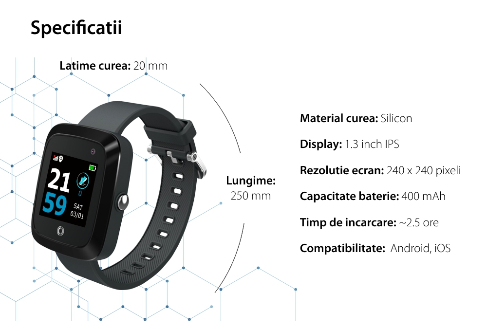 Ceas SmartWatch Motto TD-20, Negru, Functie telefon, Agenda, Mesaje vocale, Monitorizare ritm cardiac & oxigen din sange, Pedometru, Camera