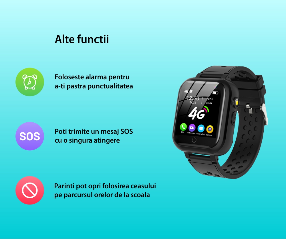 Ceas Smartwatch Pentru Copii YQT-T16, Cartela SIM, Functii de monitorizare, Camera, Apelare video, SOS, Perimetru siguranta, Comunicare bidirectionala, Contacte, Albastru