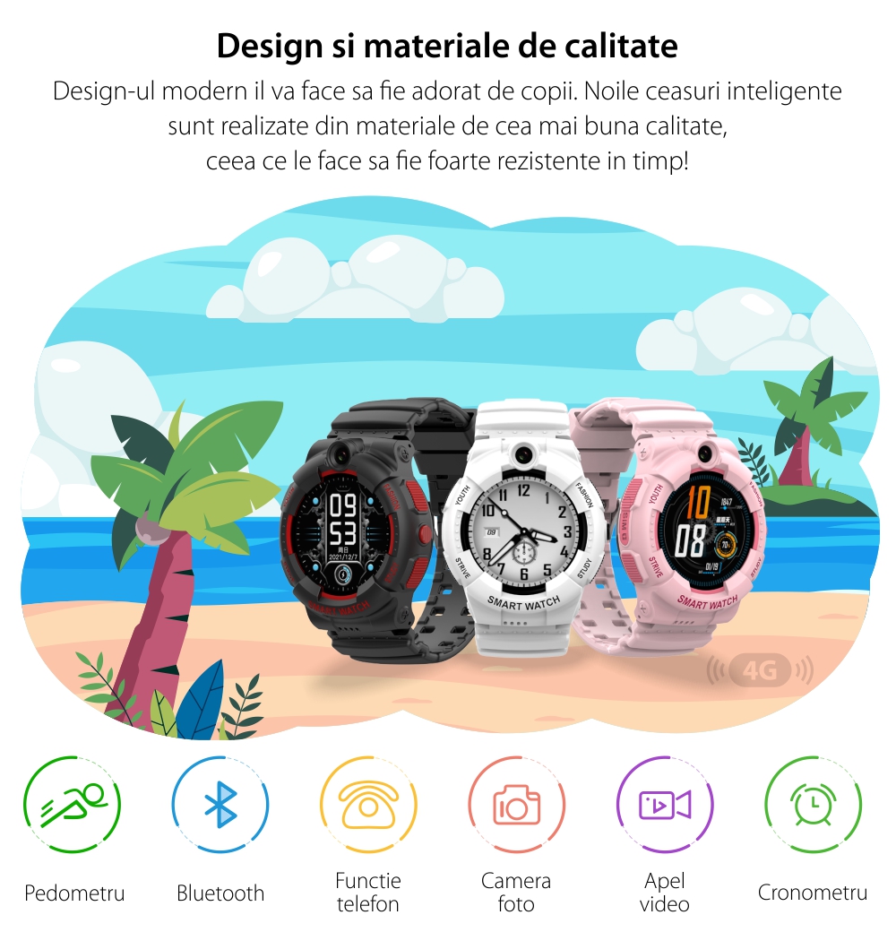 Ceas Smartwatch Pentru Copii, Wonlex KT25, Alb, Nano SIM 4G, Apel video, Buton SOS, Alarma, Istoric apeluri, Galerie foto