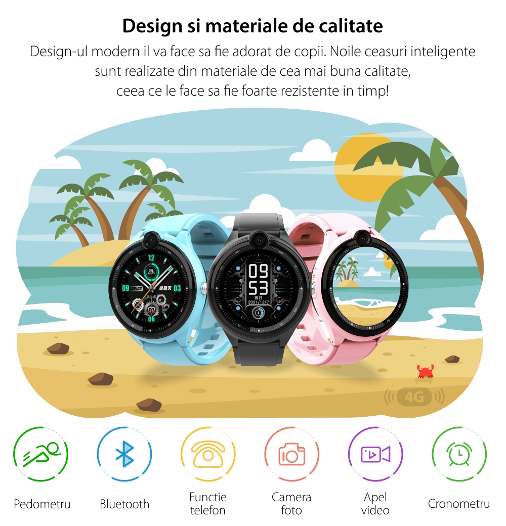 Ceas Smartwatch Pentru Copii, Wonlex KT26, Negru, Nano SIM 4G, Functie telefon, Intercom, Apel video, Contacte, Istoric apeluri, Buton SOS