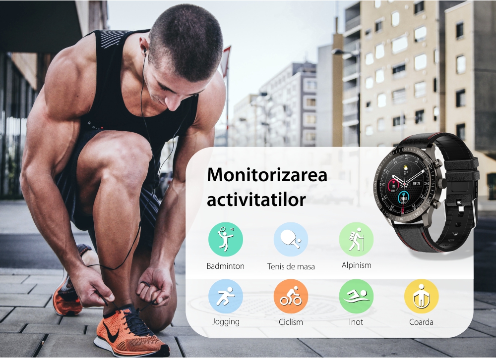 Ceas Smartwatch Twinkler TKY-QY05 Negru, Curea piele cu Moduri sportive, Monitorizare tensiune arteriala, Memento sedentar, Calitate somn, Calorii arse, Pasi