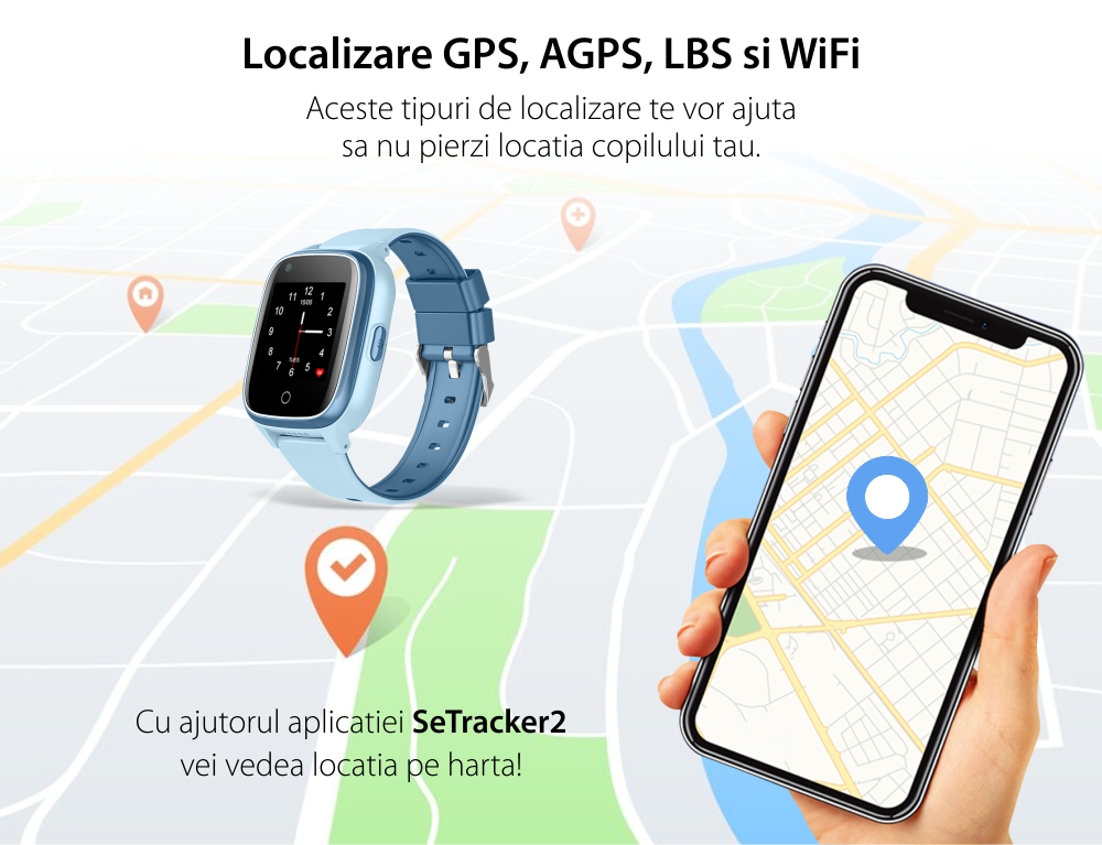 Ceas Smartwatch Pentru Copii Wonlex KT17, Albastru cu Functie de Localizare GPS, Comunicare bidirectionala, Pedometru, Alarma, Camera, Mesagerie, Apel Video, Buton SOS
