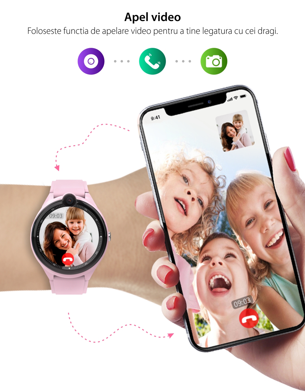 Ceas Smartwatch Pentru Copii, Wonlex KT26, Roz, Nano SIM 4G, Functie telefon, Intercom, Apel video, Contacte, Istoric apeluri, Buton SOS