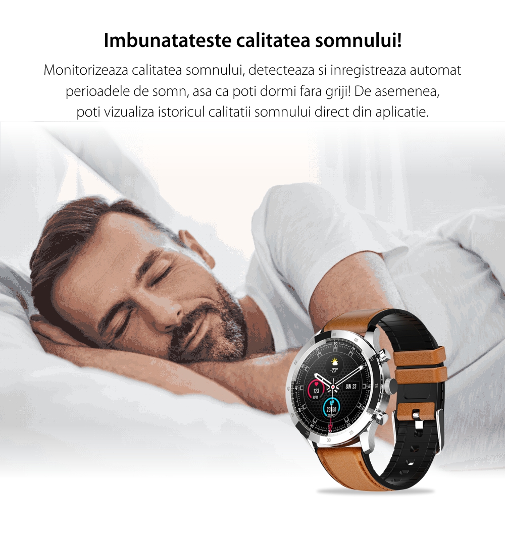 Ceas Smartwatch Twinkler TKY-QY05 Maro, Curea piele cu Moduri sportive, Monitorizare tensiune arteriala, Memento sedentar, Calitate somn, Calorii arse, Pasi