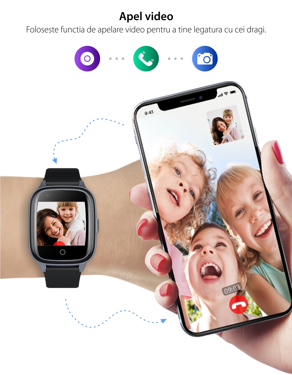 Ceas Smartwatch Pentru Copii Wonlex KT17, Negru cu Functie de Localizare GPS, Comunicare bidirectionala, Pedometru, Alarma, Camera, Mesagerie, Apel Video, Buton SOS