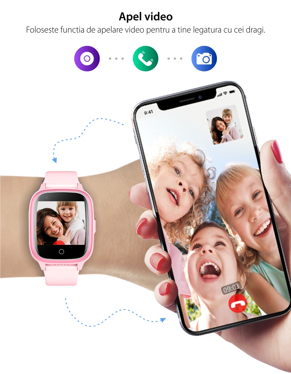 Ceas Smartwatch Pentru Copii Wonlex KT17, Roz cu Functie de Localizare GPS, Comunicare bidirectionala, Pedometru, Alarma, Camera, Mesagerie, Apel Video, Buton SOS