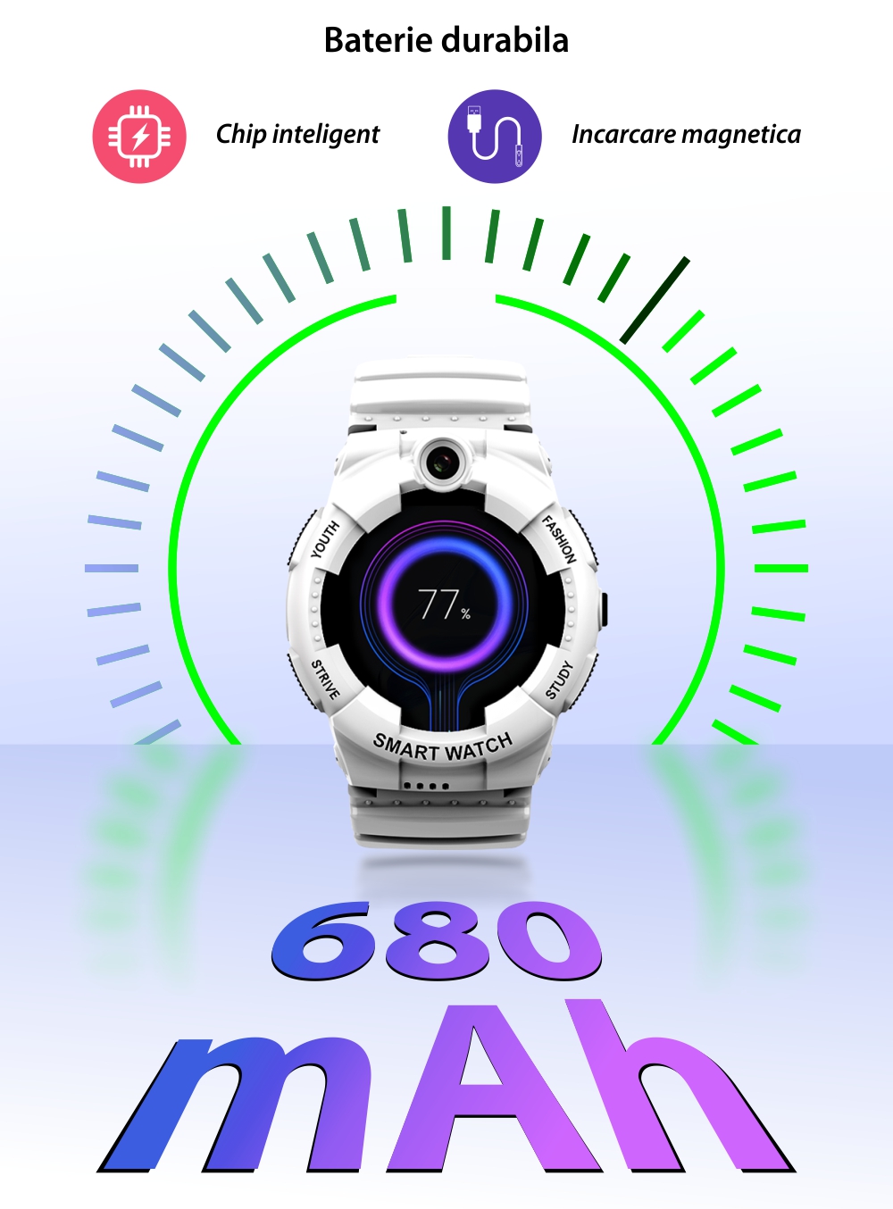 Ceas Smartwatch Pentru Copii, Wonlex KT25, Alb, Nano SIM 4G, Apel video, Buton SOS, Alarma, Istoric apeluri, Galerie foto