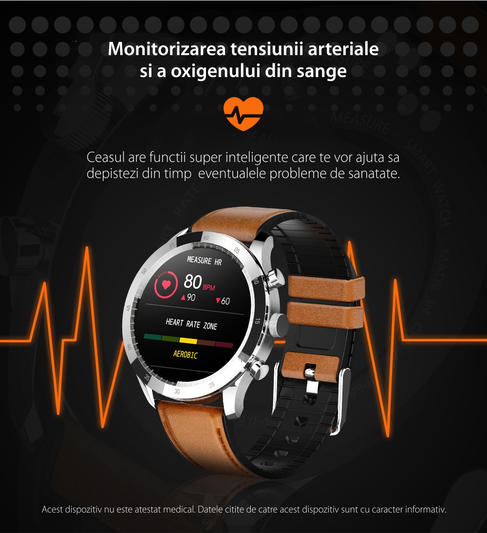 Ceas Smartwatch Twinkler TKY-QY05 Negru, Curea piele cu Moduri sportive, Monitorizare tensiune arteriala, Memento sedentar, Calitate somn, Calorii arse, Pasi