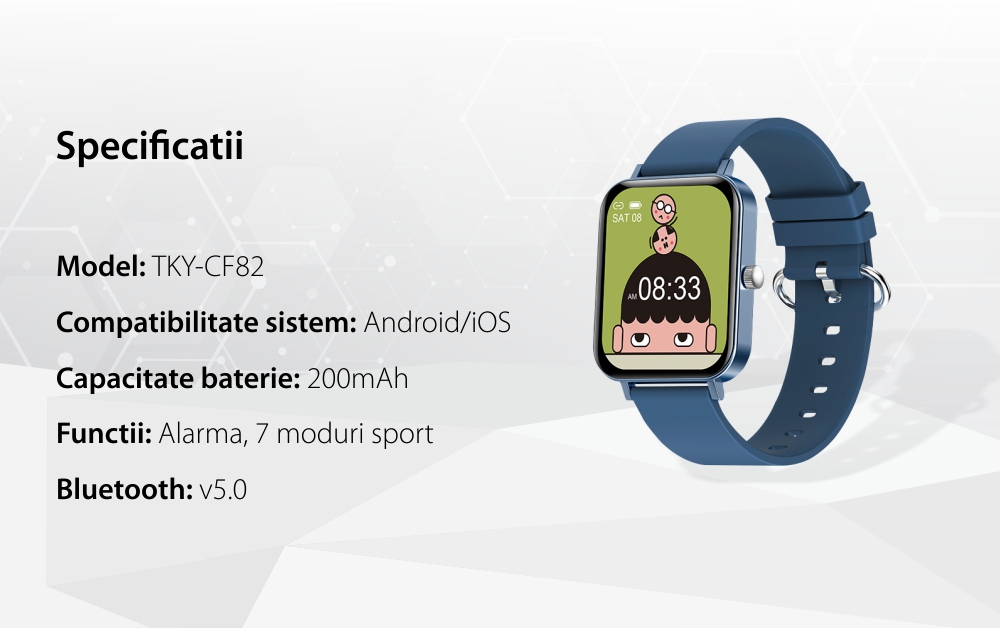 Ceas Smartwatch Twinkler TKY-CF82, Gri cu Monitorizare ritm cardiac, Tensiune arteriala, Calorii, Cronometru, Istoric exercitii, Notificari, Vreme