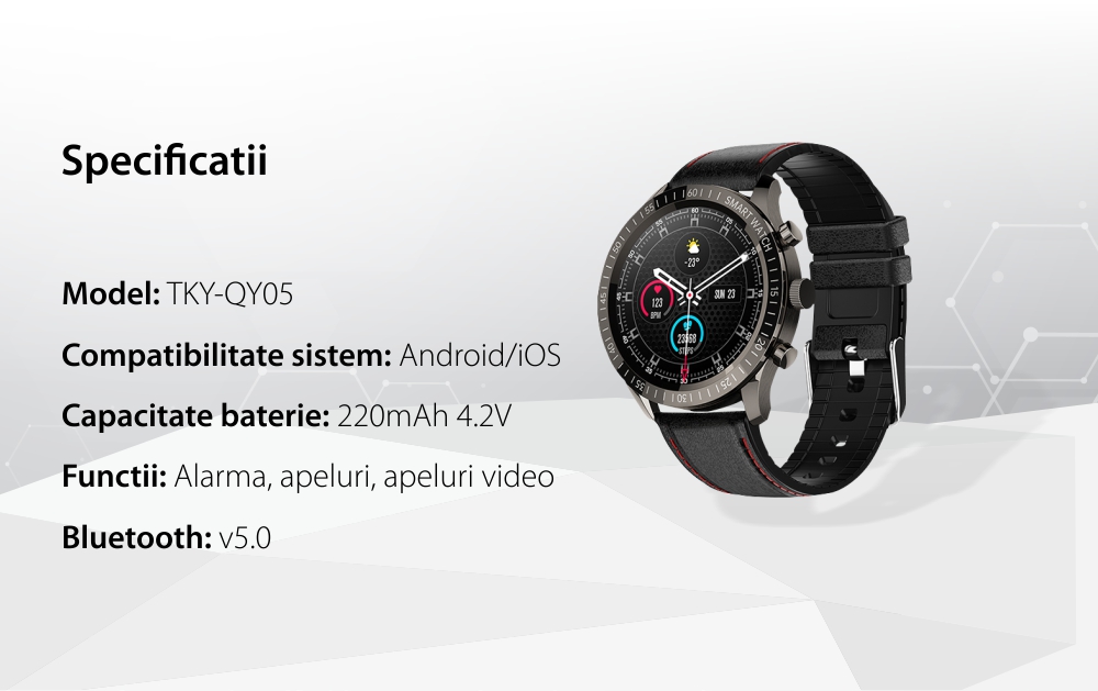 Ceas Smartwatch Twinkler TKY-QY05 Negru, Curea silicon cu Moduri sportive, Monitorizare tensiune arteriala, Memento sedentar, Calitate somn, Calorii arse, Pasi