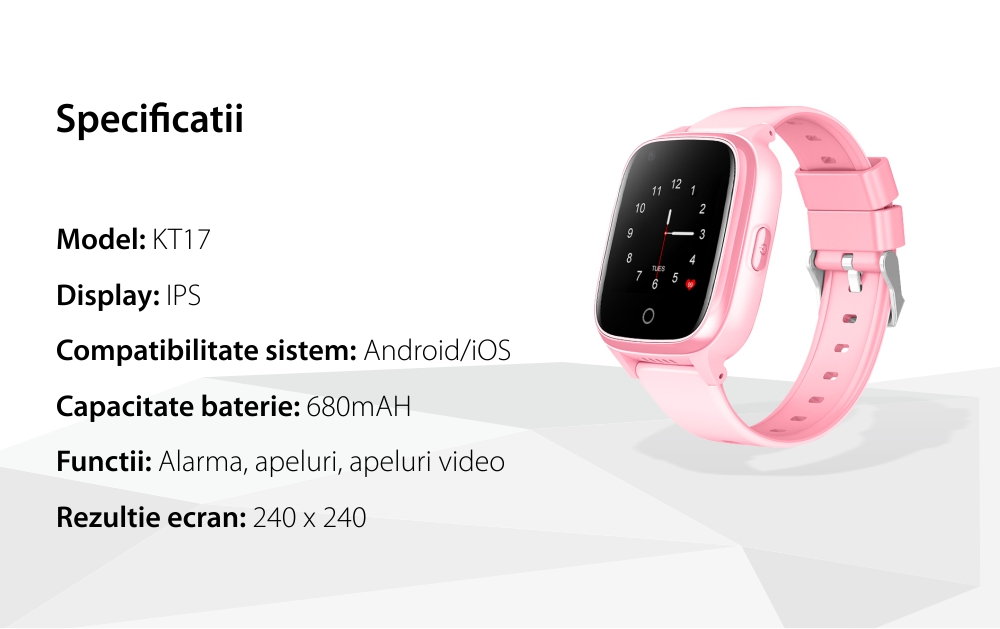 Ceas Smartwatch Pentru Copii Wonlex KT17, Negru cu Functie de Localizare GPS, Comunicare bidirectionala, Pedometru, Alarma, Camera, Mesagerie, Apel Video, Buton SOS