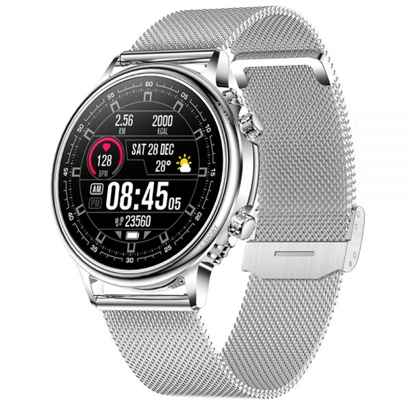 Ceas Smartwatch XK Fitness CF81 cu Functii monitorizare sanatate, Pedometru, Moduri sport, Cronometru, Calorii, Alarma, Bratara metalica, Argintiu