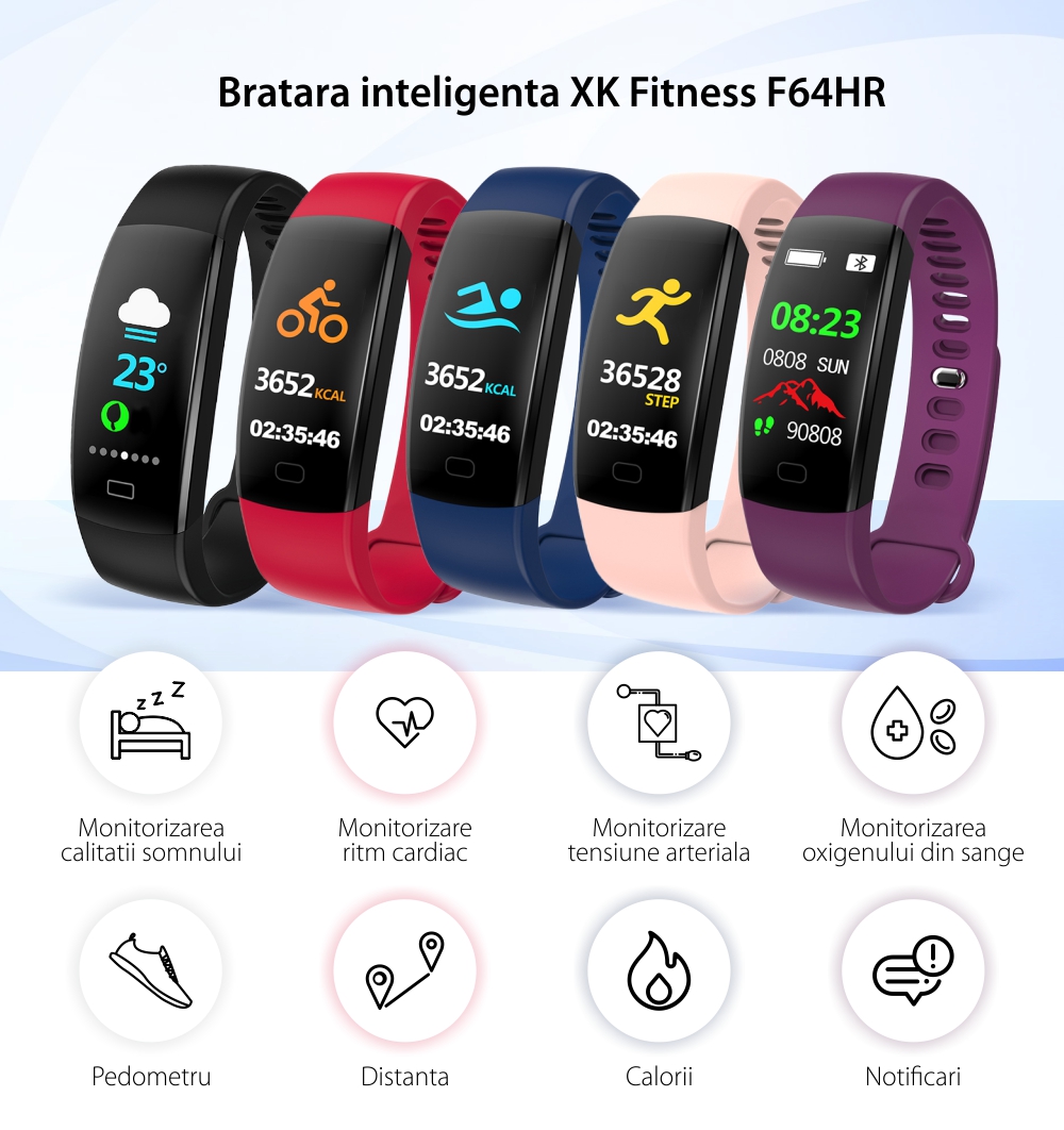 Bratara fitness inteligenta XK Fitness F64HR cu Functii monitorizare sanatate, Distanta, Calorii, Pasi, Informatii vreme, Mov