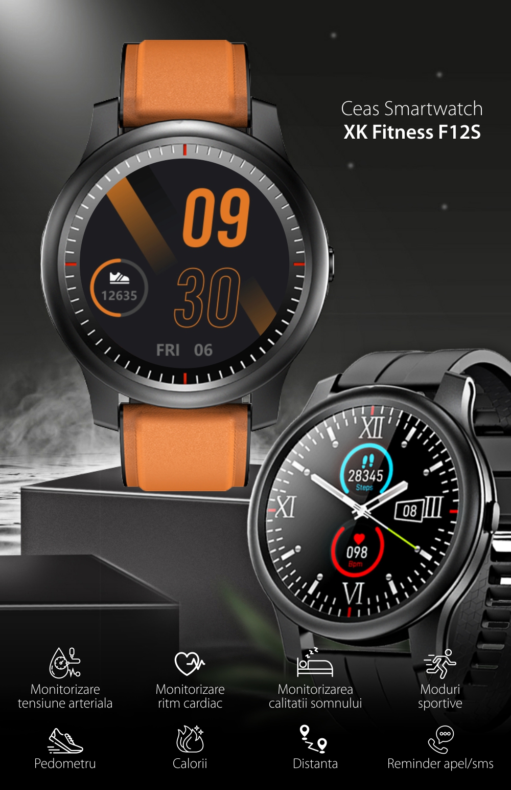 Ceas Smartwatch XK Fitness F12S cu Monitorizare Puls, Tensiune, Oxigen, Somn, Memento sedentar, Moduri sportive, Calorii, Negru