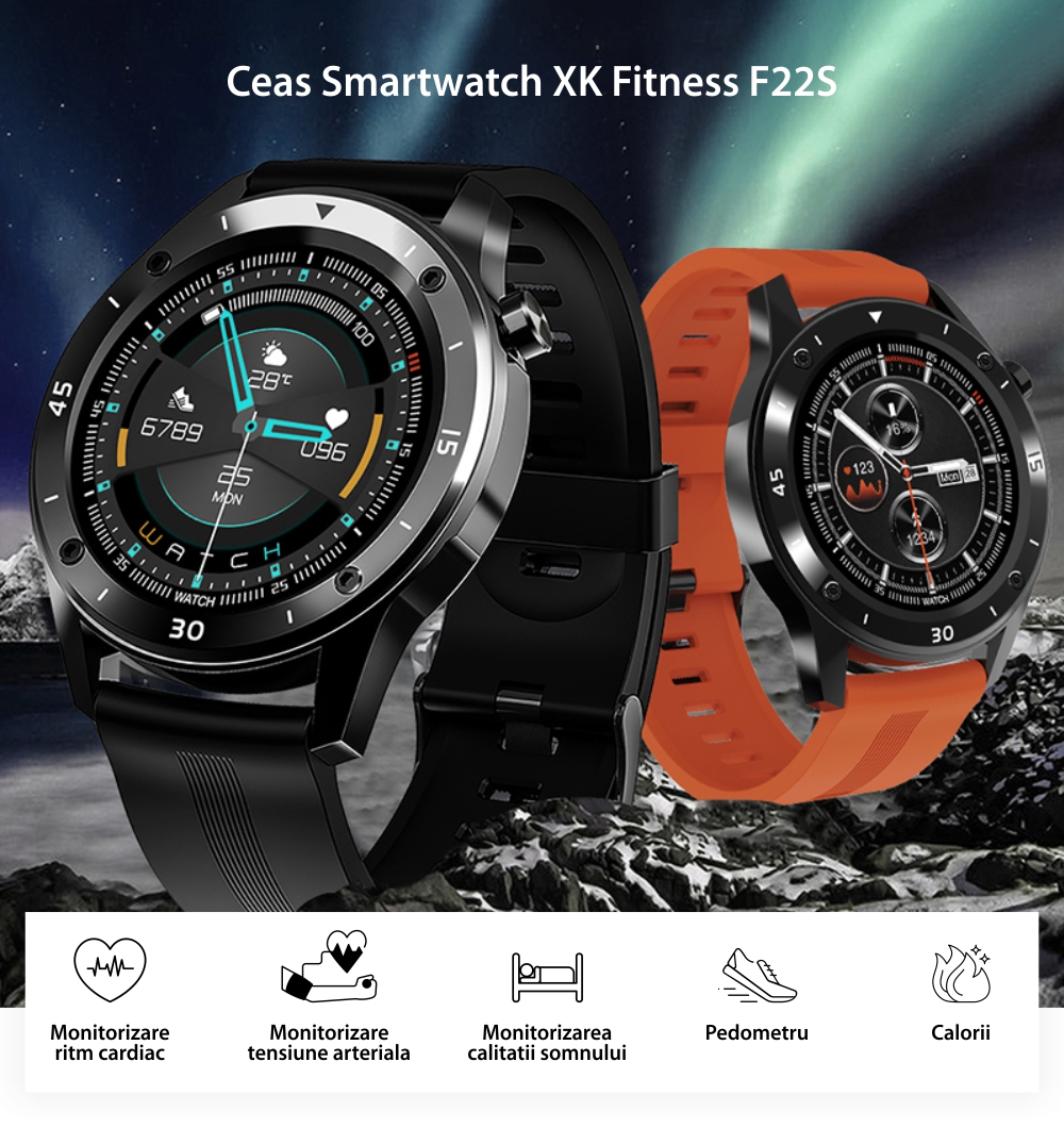 Ceas Smartwatch XK Fitness F22S cu Moduri exercitii, Monitorizare sanatate, Calorii, Pasi, Distanta, Memento sedentar, Negru