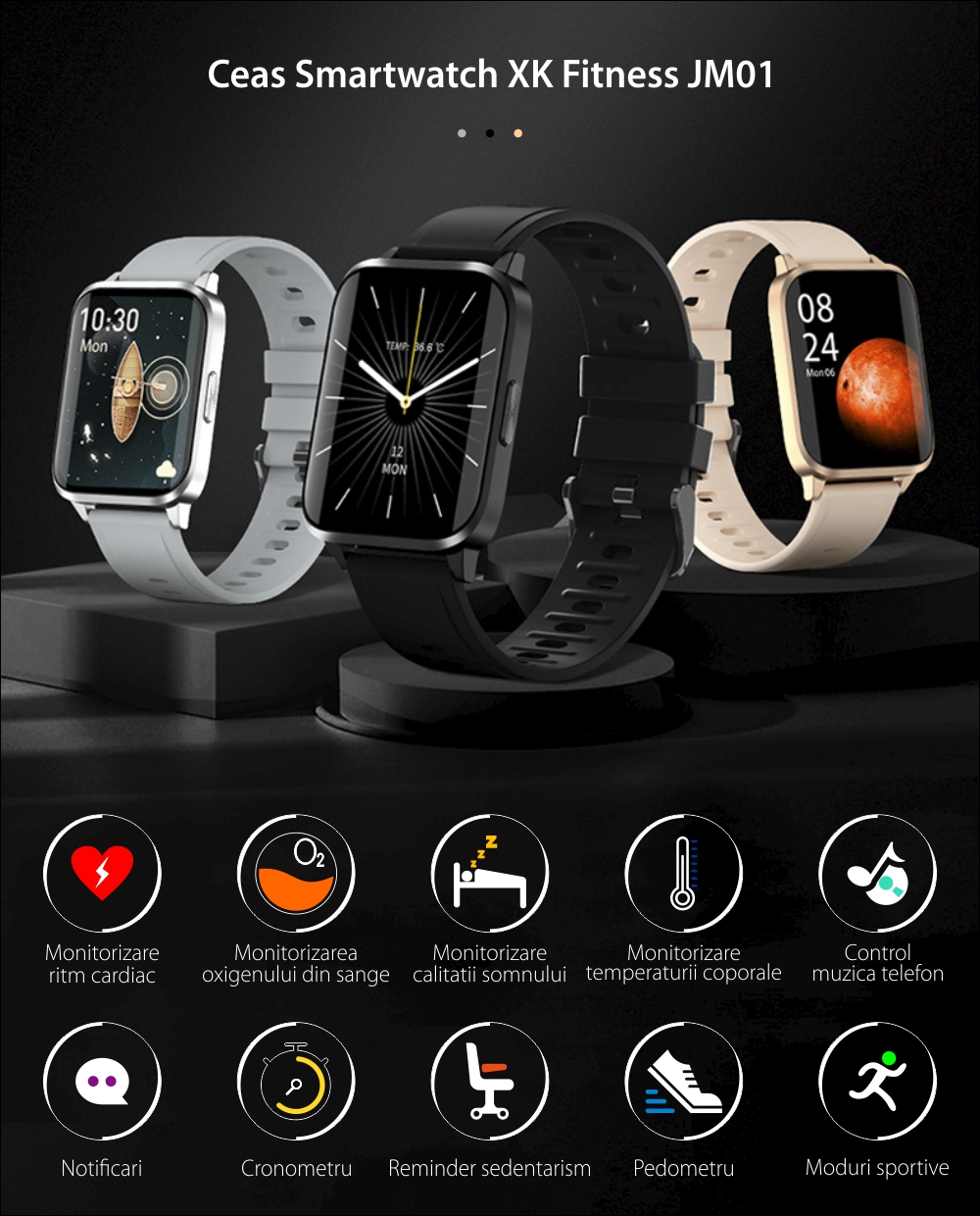 Ceas Smartwatch XK Fitness JM01 cu Functie masurare temperatura corporala, Monitorizare sanatate, Pedometru, Distanta, Calorii, Bratara silicon, Negru