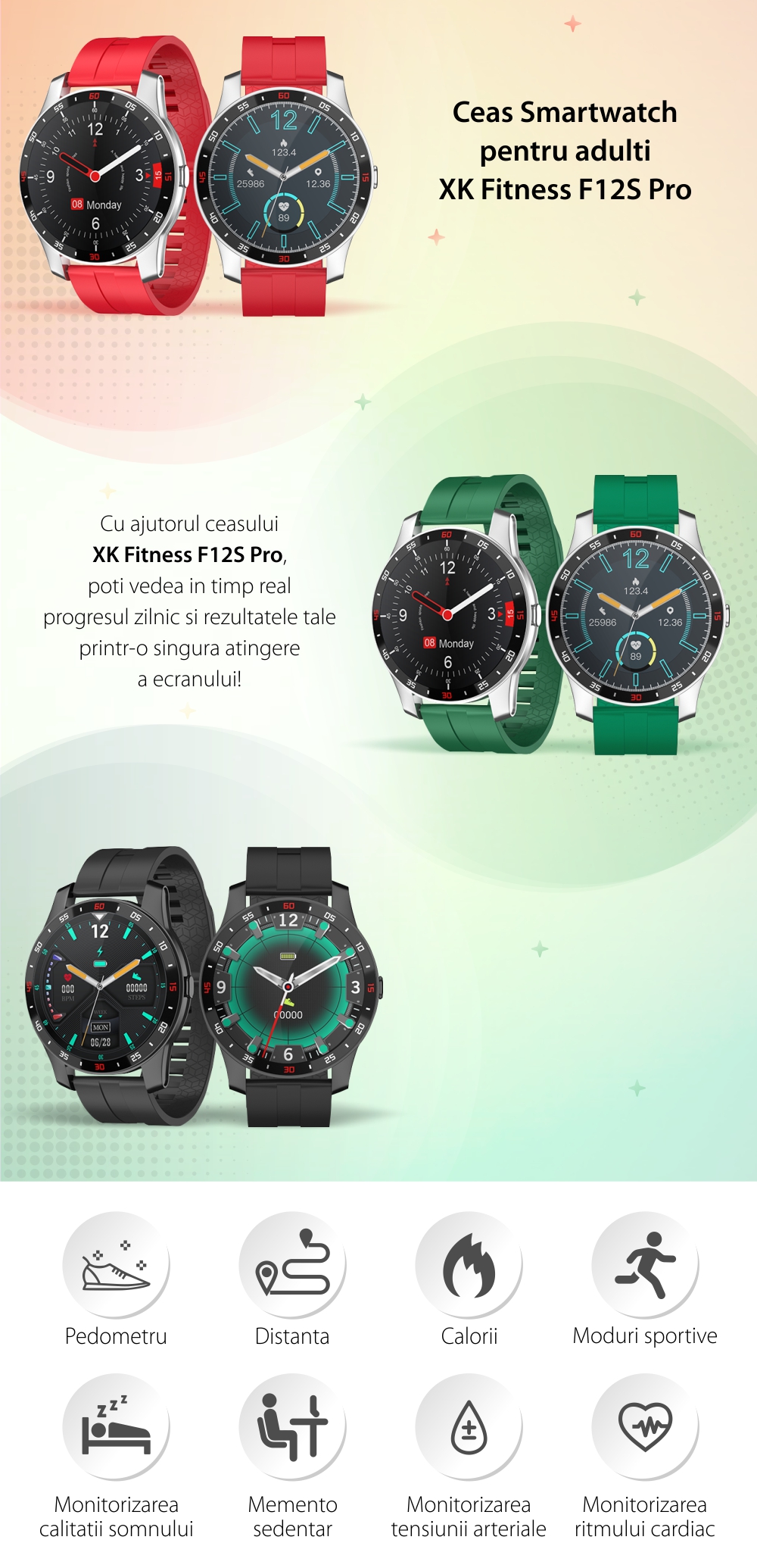 Ceas Smartwatch XK Fitness F12S Pro cu Monitorizare Automata Puls, Tensiune, Oxigen, Somn, Memento sedentar, Moduri sportive, Calorii, Verde