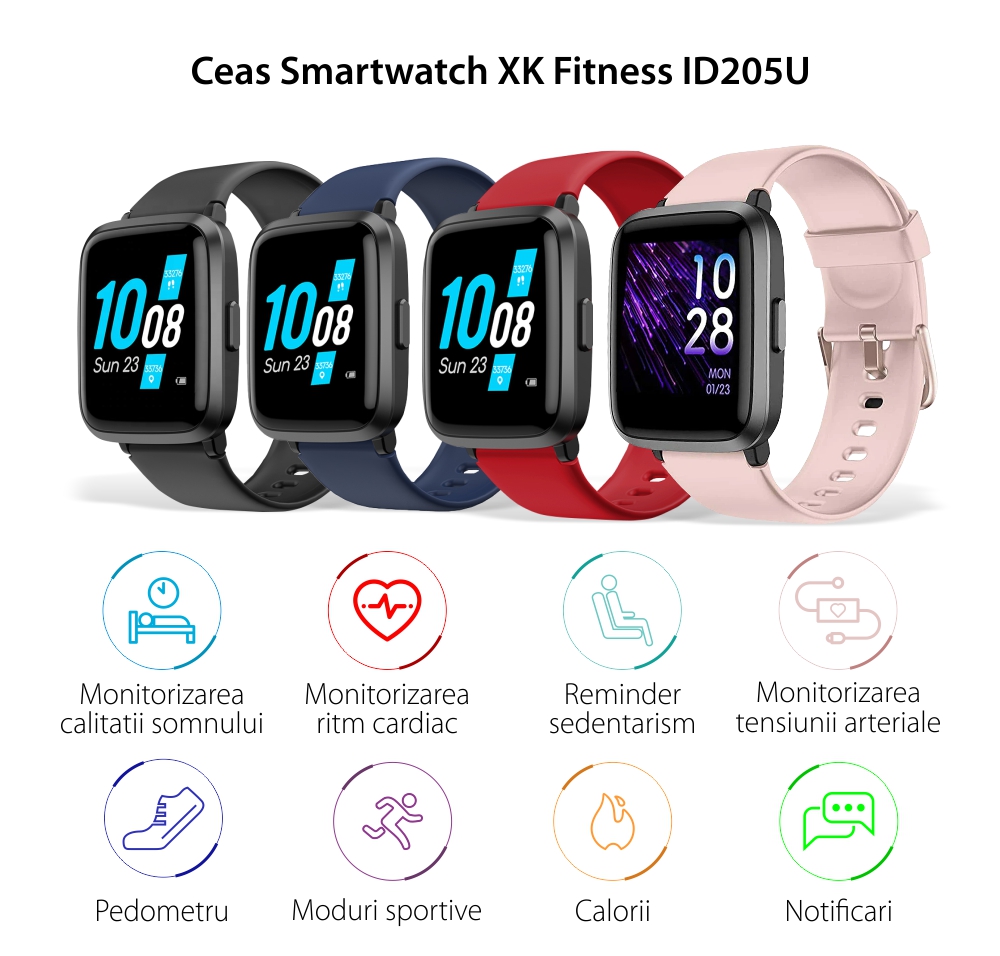 Ceas Smartwatch XK Fitness ID205U cu Functii monitorizare sanatate, Pedometru, Moduri sportive, Memento sedentar, Calorii, Negru