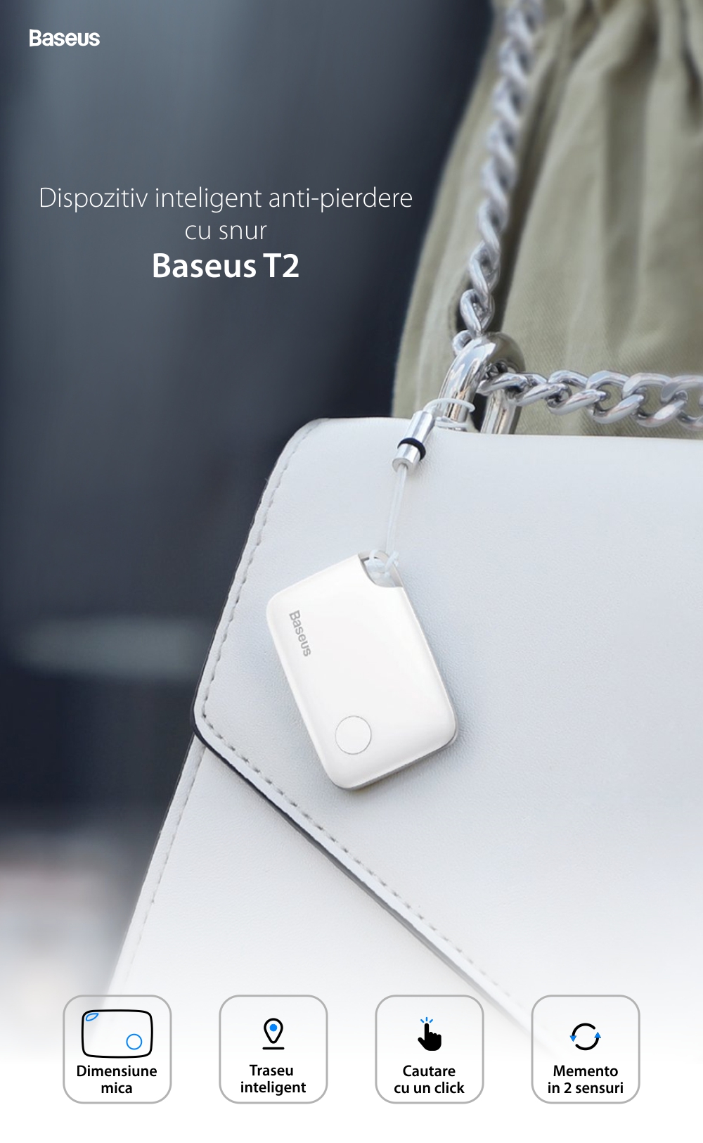 Dispozitiv inteligent anti-pierdere Baseus T2, Roz cu Monitorizare aplicatie, Baterie 75 mAh, Alarma 100 dB