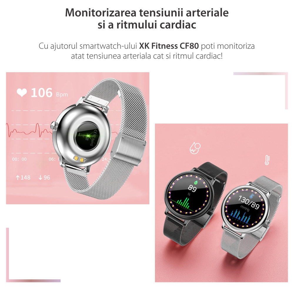 Ceas Smartwatch XK Fitness CF80 cu Monitorizare oxigen, Tensiune arteriala, Puls, Somn, Calorii, Pedometru, Mod exercitii, Alarma, Bratara metalica, Argintiu