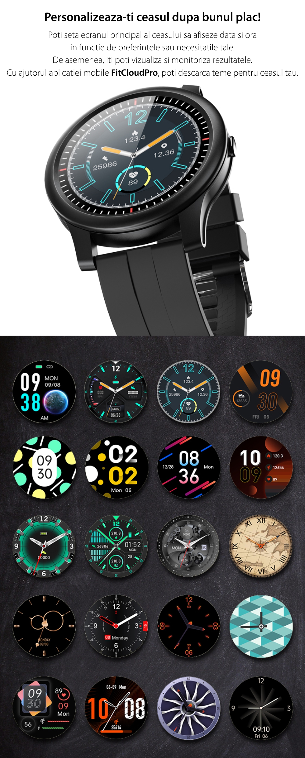 Ceas Smartwatch XK Fitness F12S cu Monitorizare Puls, Tensiune, Oxigen, Somn, Memento sedentar, Moduri sportive, Calorii, Negru