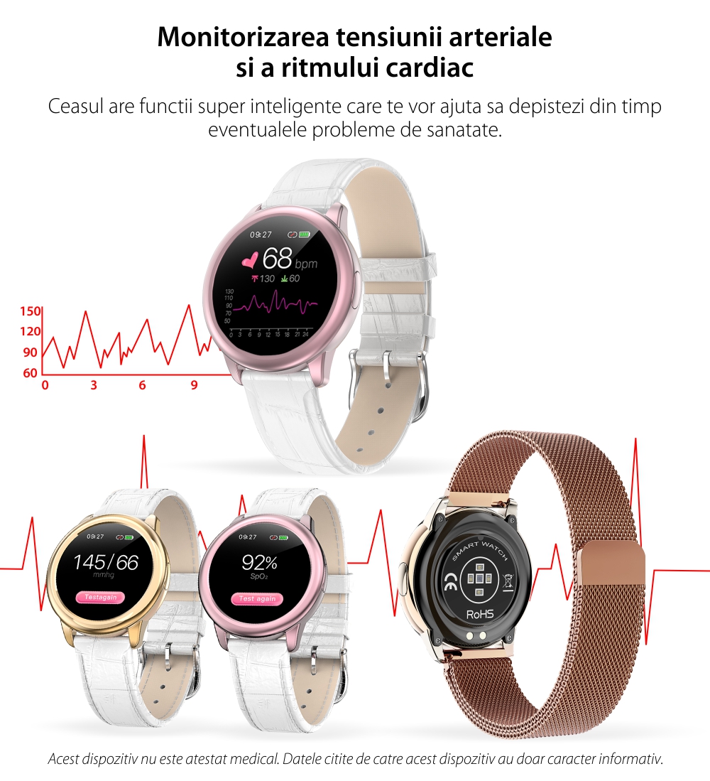 Ceas Smartwatch Dama XK Fitness HDT8 cu Monitorizare sanatate, Calorii arse, Ciclu menstrual, Moduri sportive, Reminder, Bratara metalica, Roz