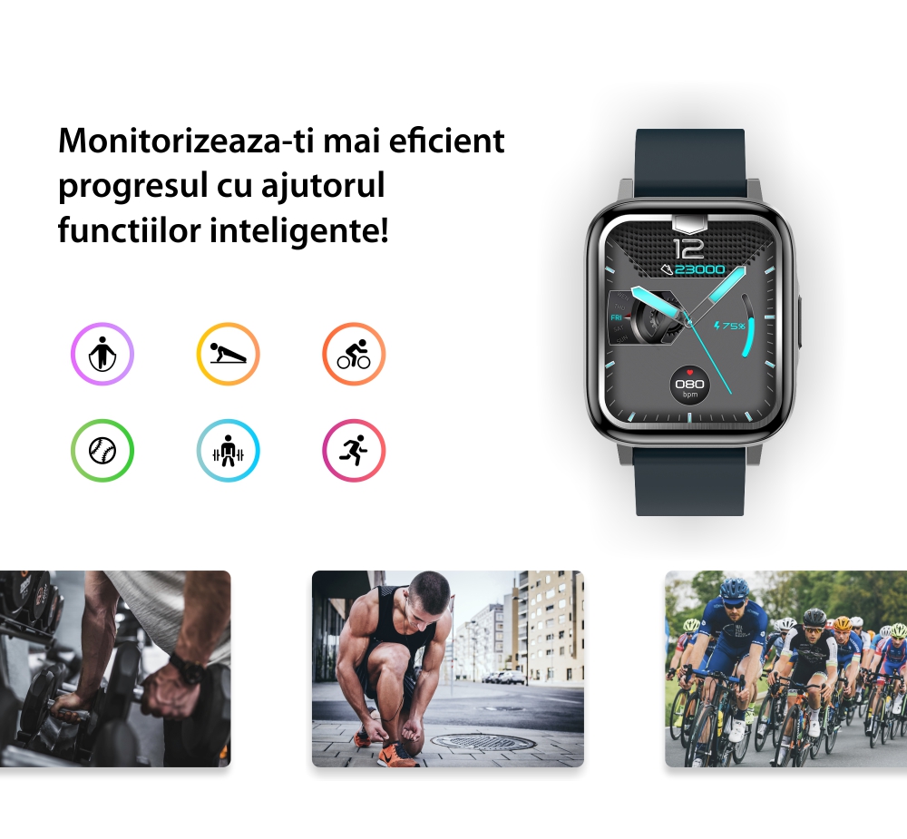 Ceas Smartwatch Twinkler TKY-F60, Rosu cu Monitorizare ritm cardiac, Tensiune arteriala, Calitate somn, Distanta parcursa, Calorii, Pasi