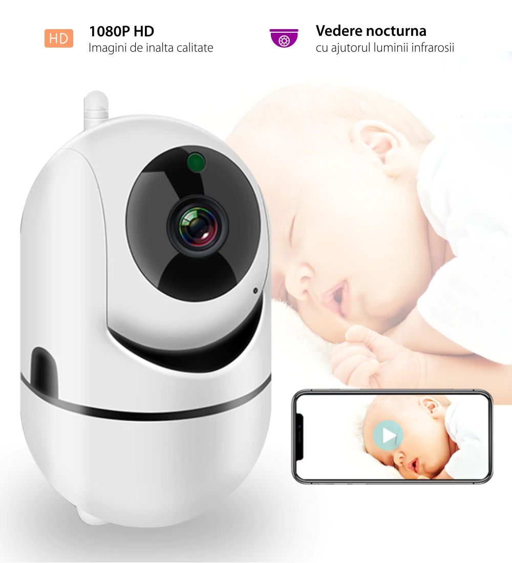 Video Baby Monitor B180, Comunicare bidirectionala, Microfon, Vedere nocturna IR, Rotire camera, Slot card SD