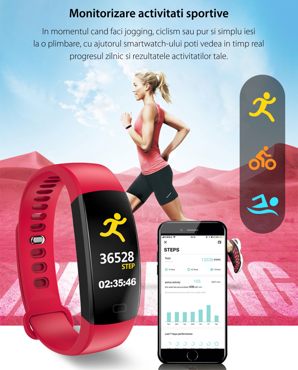 Bratara fitness inteligenta XK Fitness F64HR cu Functii monitorizare sanatate, Distanta, Calorii, Pasi, Informatii vreme, Rosu