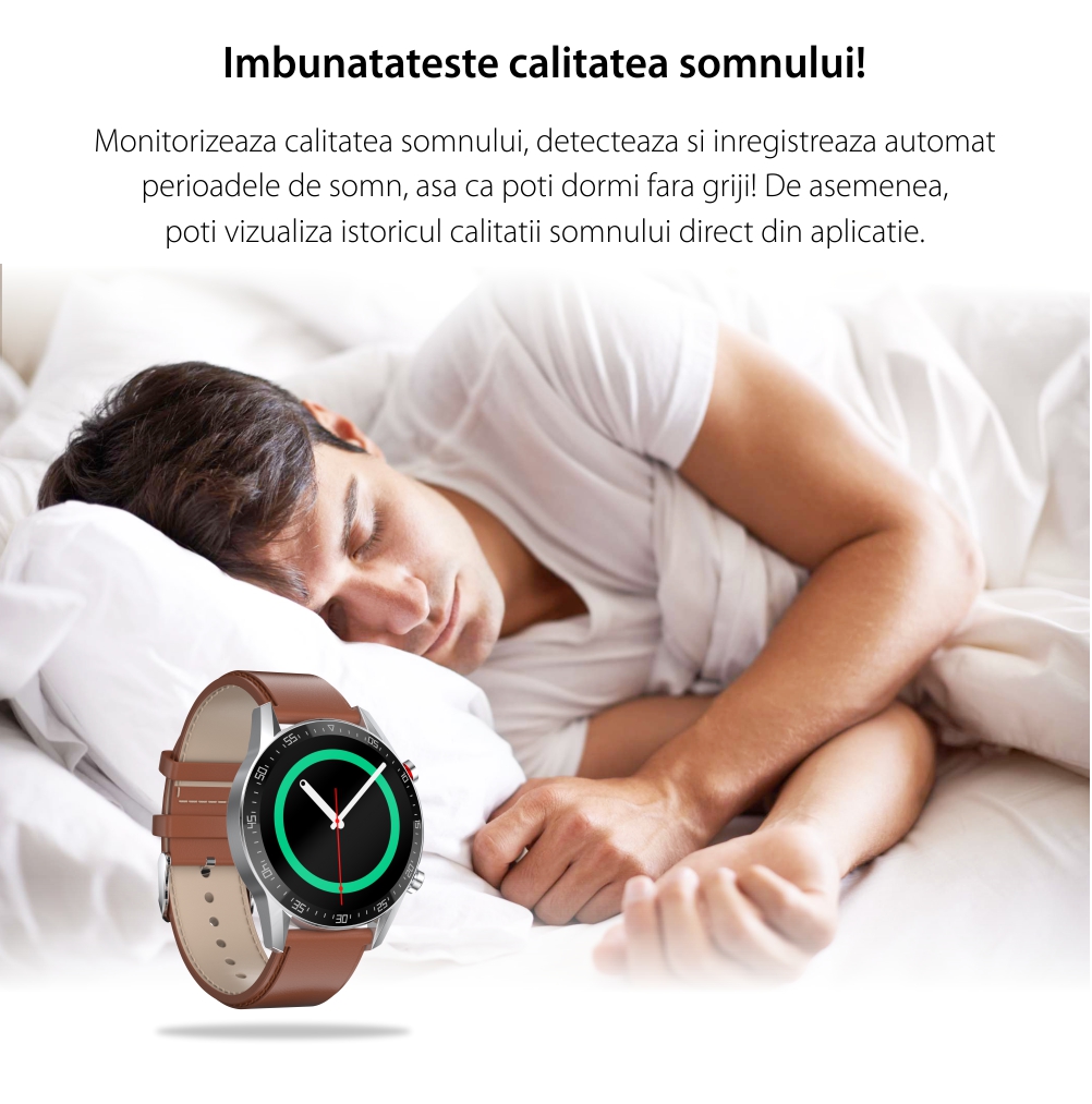 Ceas Smartwatch Twinkler TKY-FG07, Negru, Curea piele cu Functii sanatate, Calitate somn, Moduri sportive, Memento sedentar, Distanta, Calorii