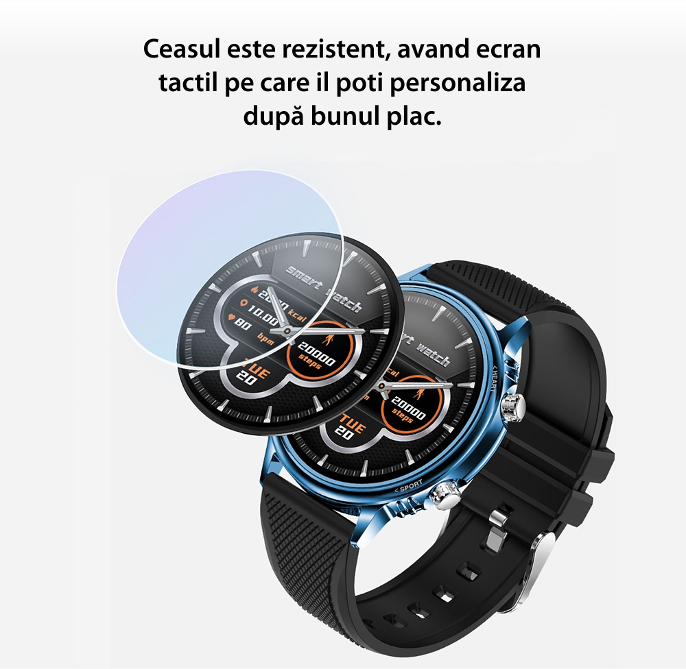 Ceas Smartwatch XK Fitness CF81 cu Functii monitorizare sanatate, Pedometru, Moduri sport, Cronometru, Calorii, Alarma, Bratara metalica, Negru