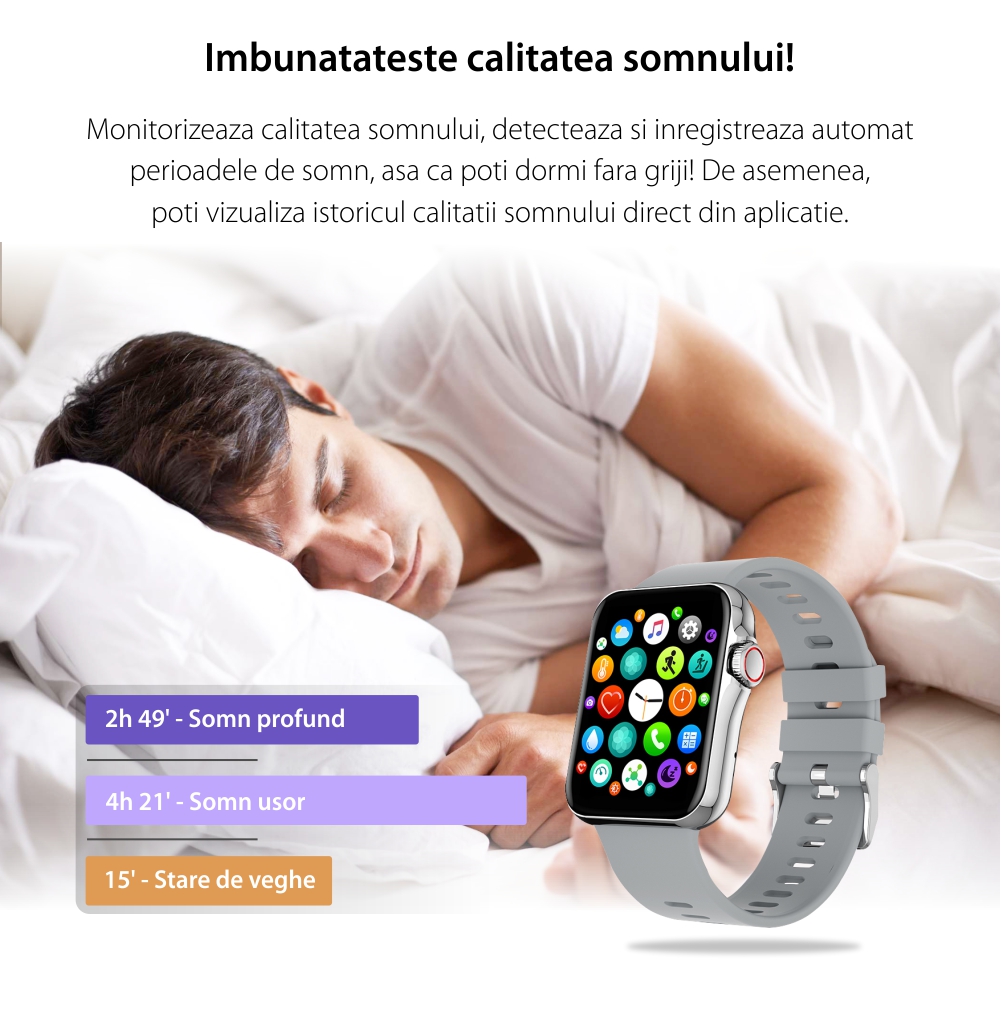 Ceas Smartwatch Twinkler TKY-D06, Gri cu Moduri sportive, Functii sanatate, Monitorizare somn, Memento sedentar, Alarma, Istoric apeluri