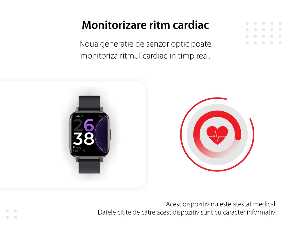 Ceas Smartwatch Twinkler TKY-F60, Negru cu Monitorizare ritm cardiac, Tensiune arteriala, Calitate somn, Distanta parcursa, Calorii, Pasi