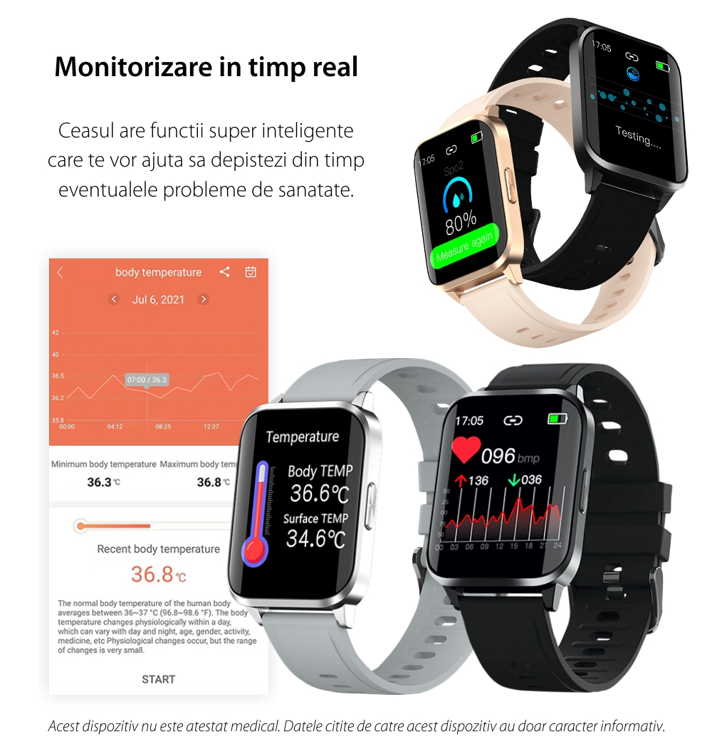 Ceas Smartwatch XK Fitness JM01 cu Functie masurare temperatura corporala, Monitorizare sanatate, Pedometru, Distanta, Calorii, Bratara silicon, Gri