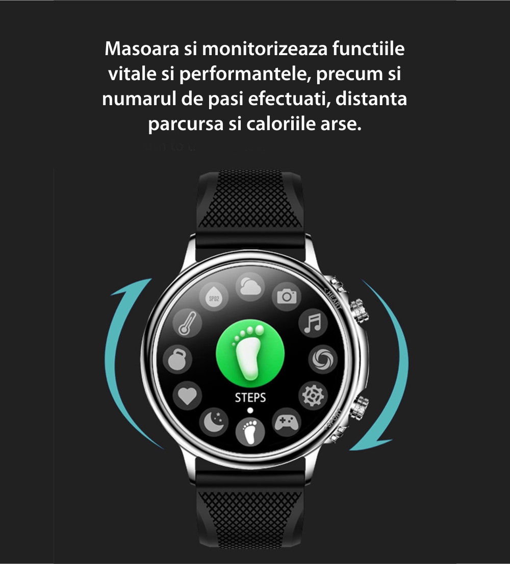 Ceas Smartwatch XK Fitness CF81 cu Functii monitorizare sanatate, Pedometru, Moduri sport, Cronometru, Calorii, Alarma, Bratara metalica, Argintiu