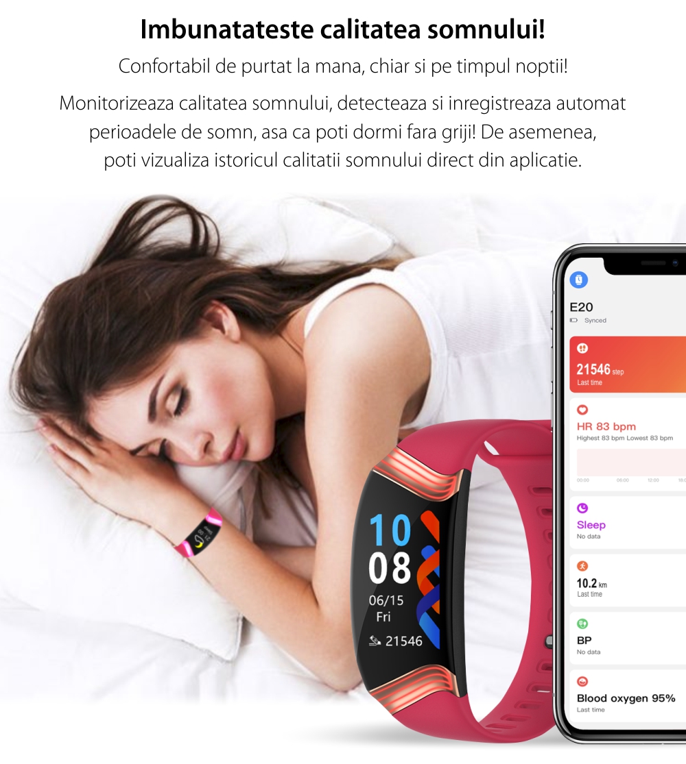 Bratara fitness inteligenta XK Fitness E20 cu Functii monitorizare sanatate, Pedometru, Calorii arse, Memento sedentar, Istoric, Reminder, Rosu