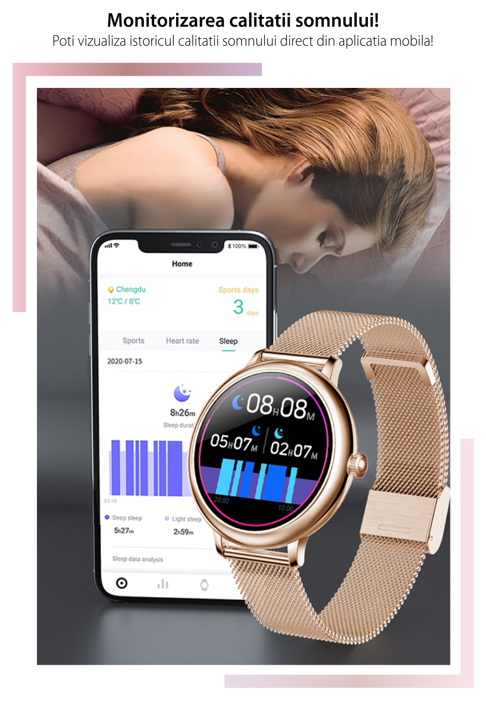 Ceas Smartwatch XK Fitness CF80 cu Monitorizare oxigen, Tensiune arteriala, Puls, Somn, Calorii, Pedometru, Mod exercitii, Alarma, Bratara metalica, Argintiu