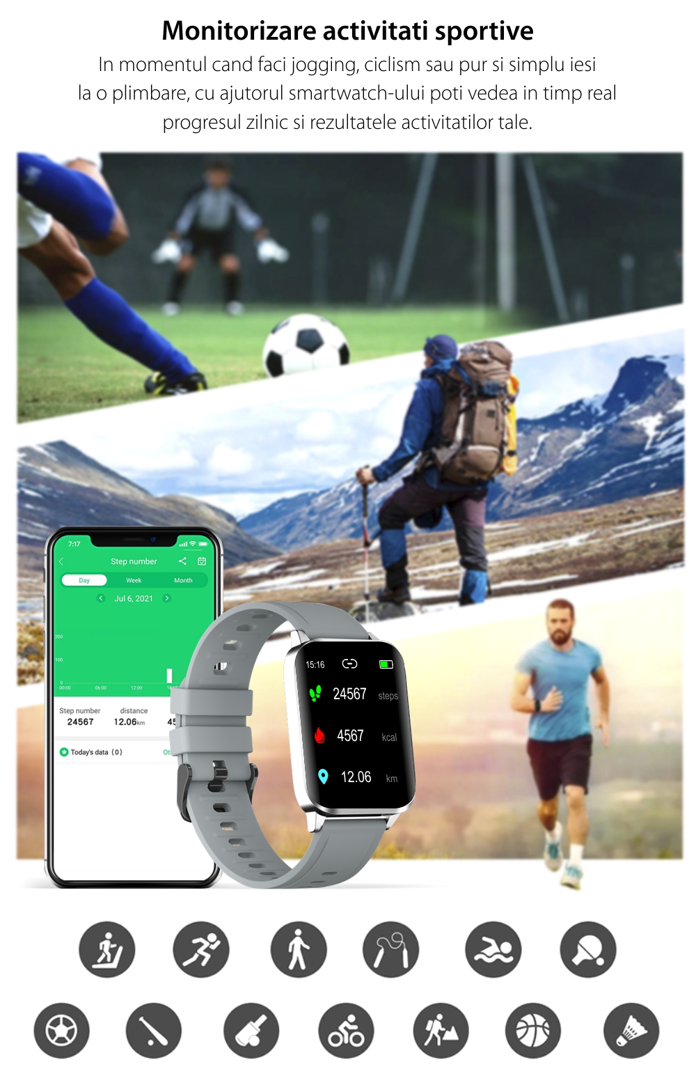 Ceas Smartwatch XK Fitness JM01 cu Functie masurare temperatura corporala, Monitorizare sanatate, Pedometru, Distanta, Calorii, Bratara silicon, Gri