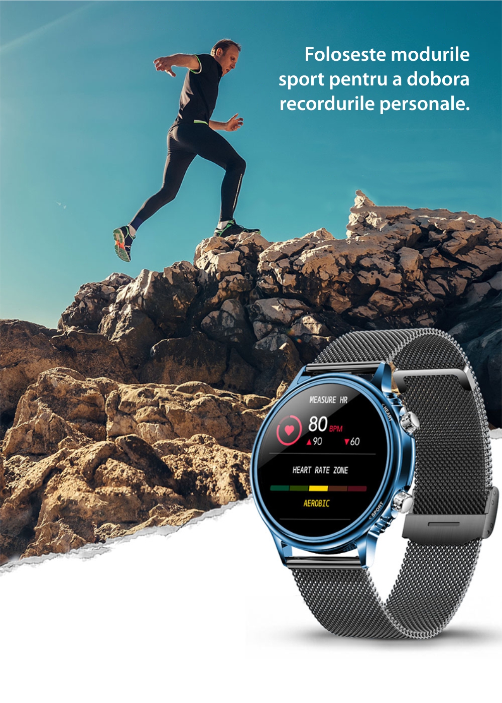 Ceas Smartwatch XK Fitness CF81 cu Functii monitorizare sanatate, Pedometru, Moduri sport, Cronometru, Calorii, Alarma, Bratara metalica, Albastru