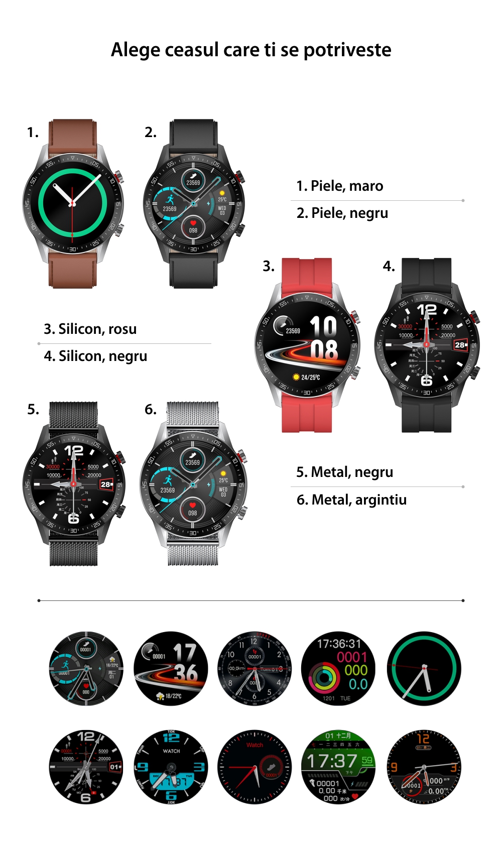 Ceas Smartwatch Twinkler TKY-FG07, Negru, Curea piele cu Functii sanatate, Calitate somn, Moduri sportive, Memento sedentar, Distanta, Calorii