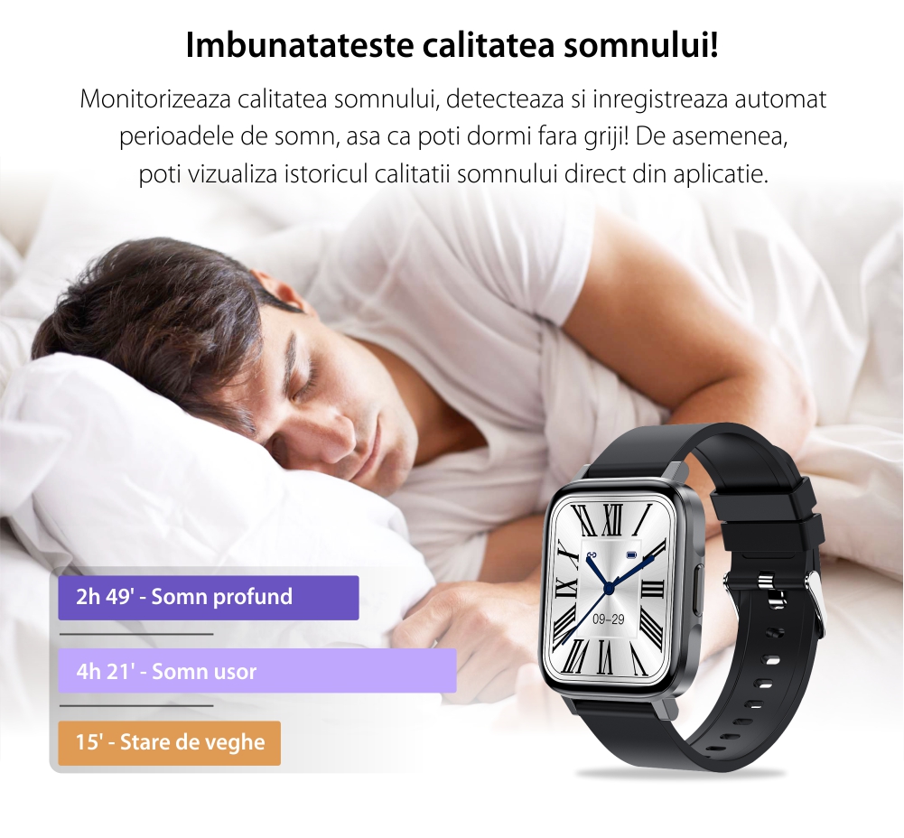 Ceas Smartwatch Twinkler TKY-F60, Negru cu Monitorizare ritm cardiac, Tensiune arteriala, Calitate somn, Distanta parcursa, Calorii, Pasi