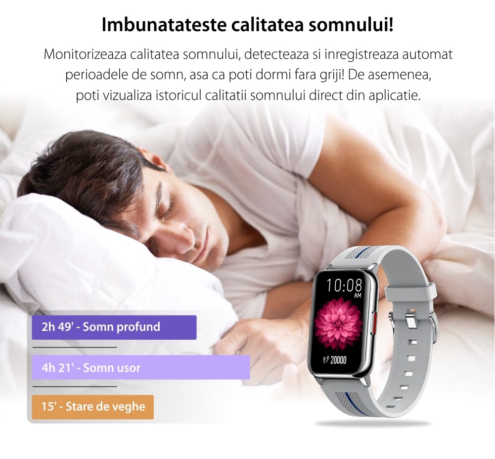 Ceas Smartwatch Twinkler TKY-H76, Gri cu Functii monitorizare sanatate, Senzor puls, Monitorizare somn, Moduri sportive, Memento sedentar, Cronometru, Reminder Apel & SMS