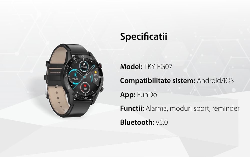 Ceas Smartwatch Twinkler TKY-FG07, Negru, Curea piele cu Functii sanatate, Calitate somn, Moduri sportive, Memento sedentar, Distanta, Calorii